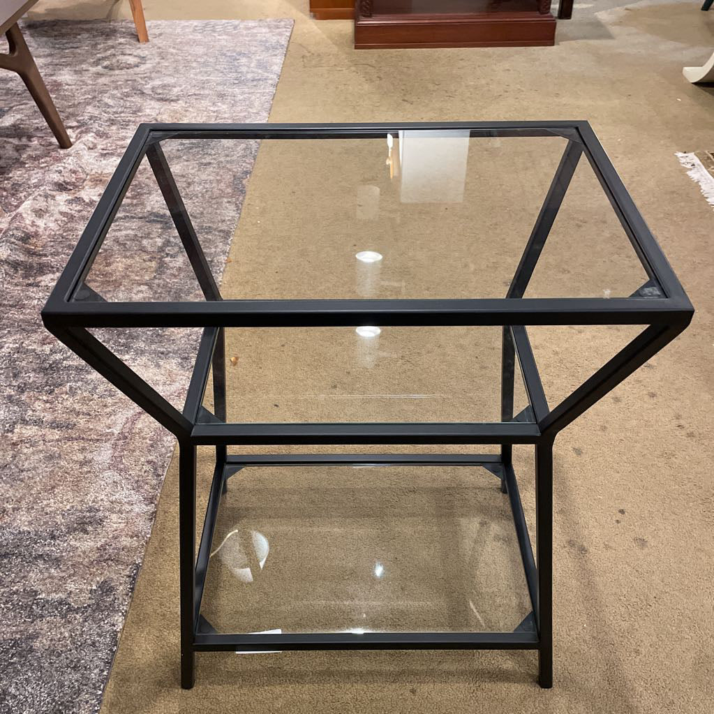 Glass & Black Metal Angular Tiered End Table