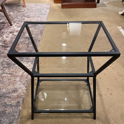 Glass & Black Metal Angular Tiered End Table