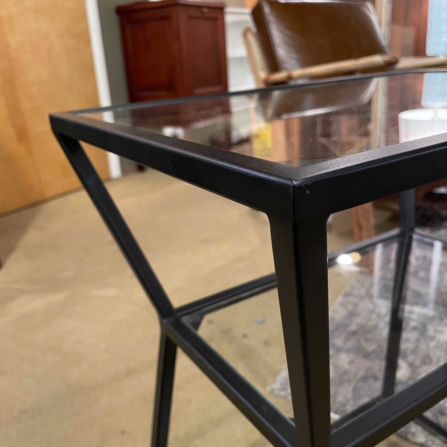 Glass & Black Metal Angular Tiered End Table