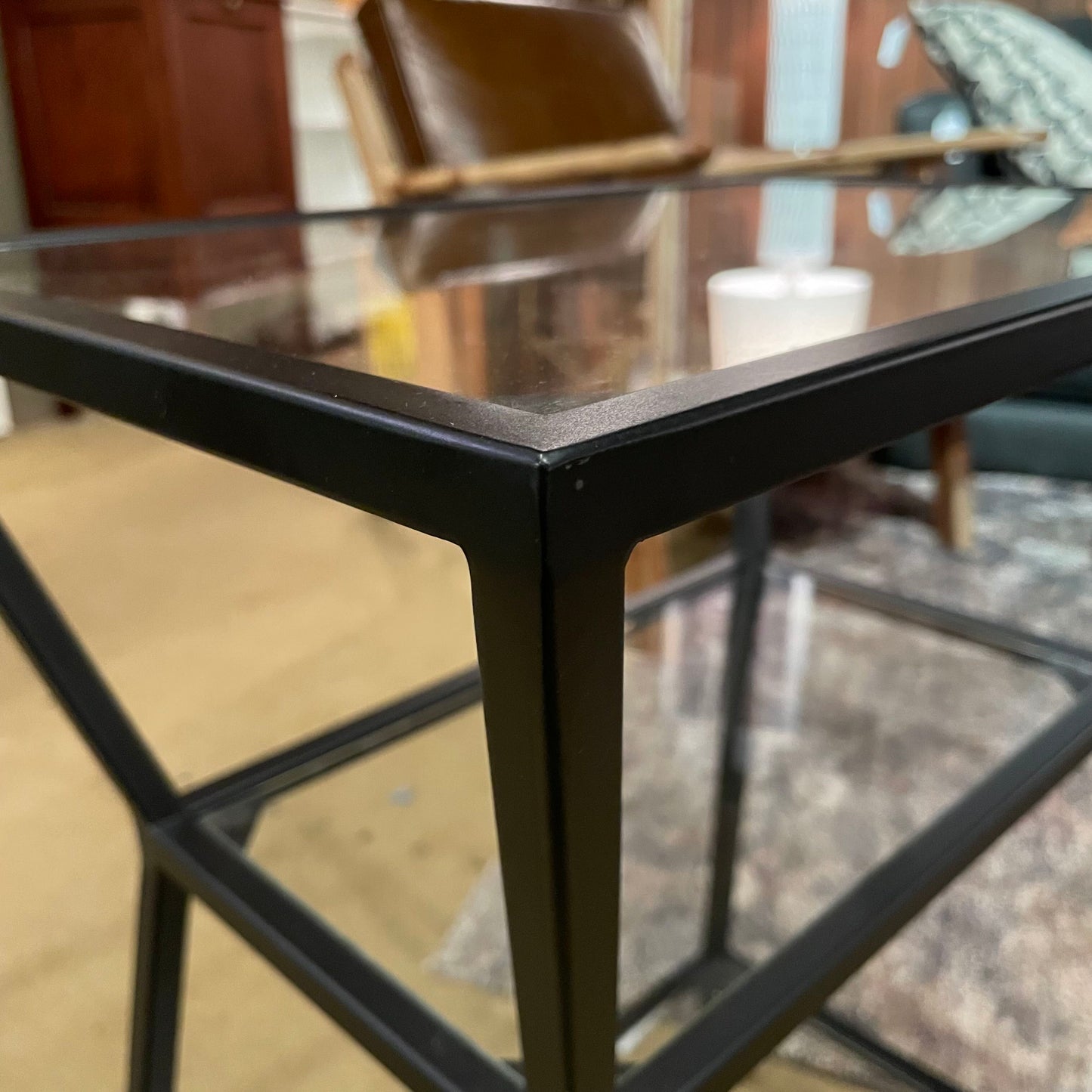 Glass & Black Metal Angular Tiered End Table