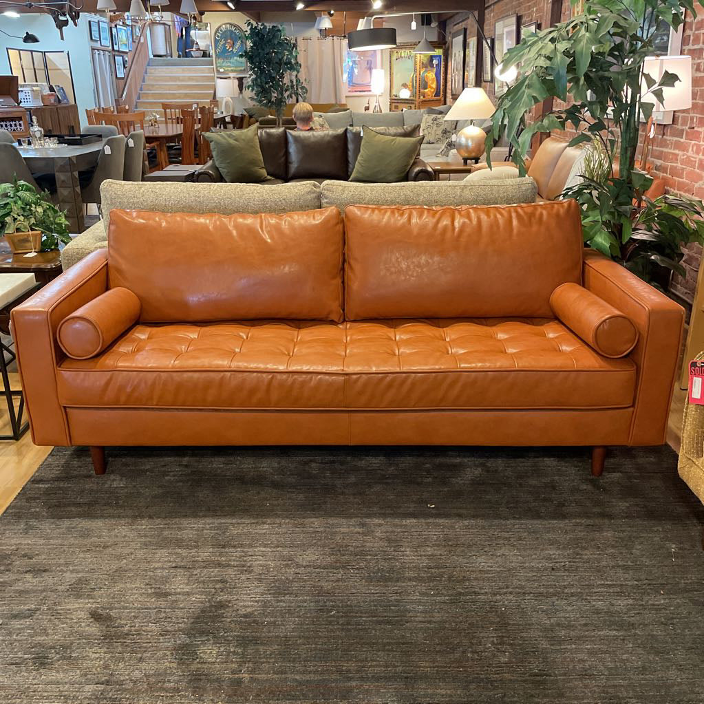 Terracotta Leather MCM Sofa with Bolster Pillows AS IS