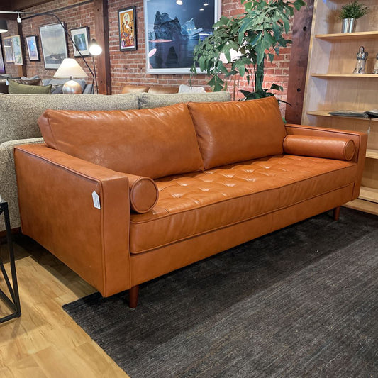 Terracotta Leather MCM Sofa with Bolster Pillows AS IS U SOFAS