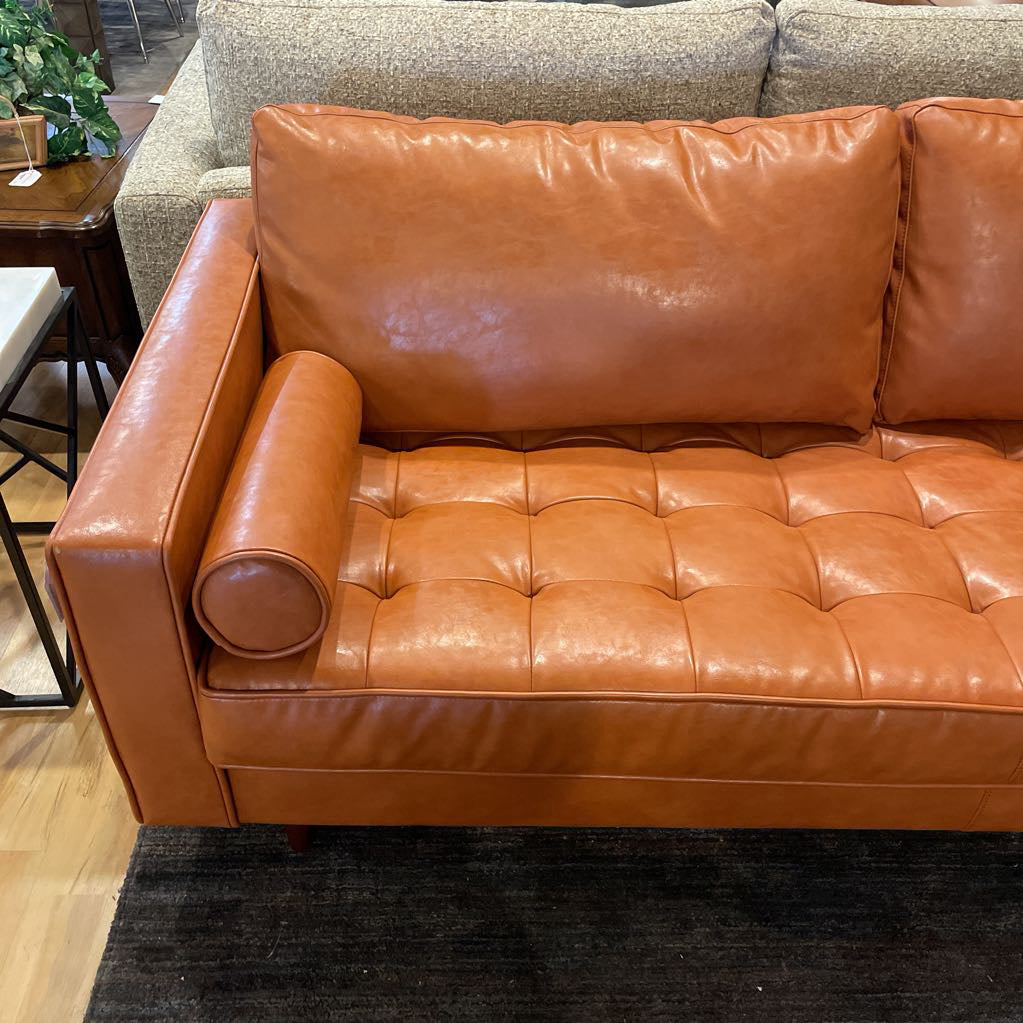 Terracotta Leather MCM Sofa with Bolster Pillows AS IS