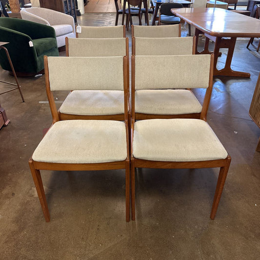 (Set Of 6) Teak Dining Chairs W/ Cream Upholstery