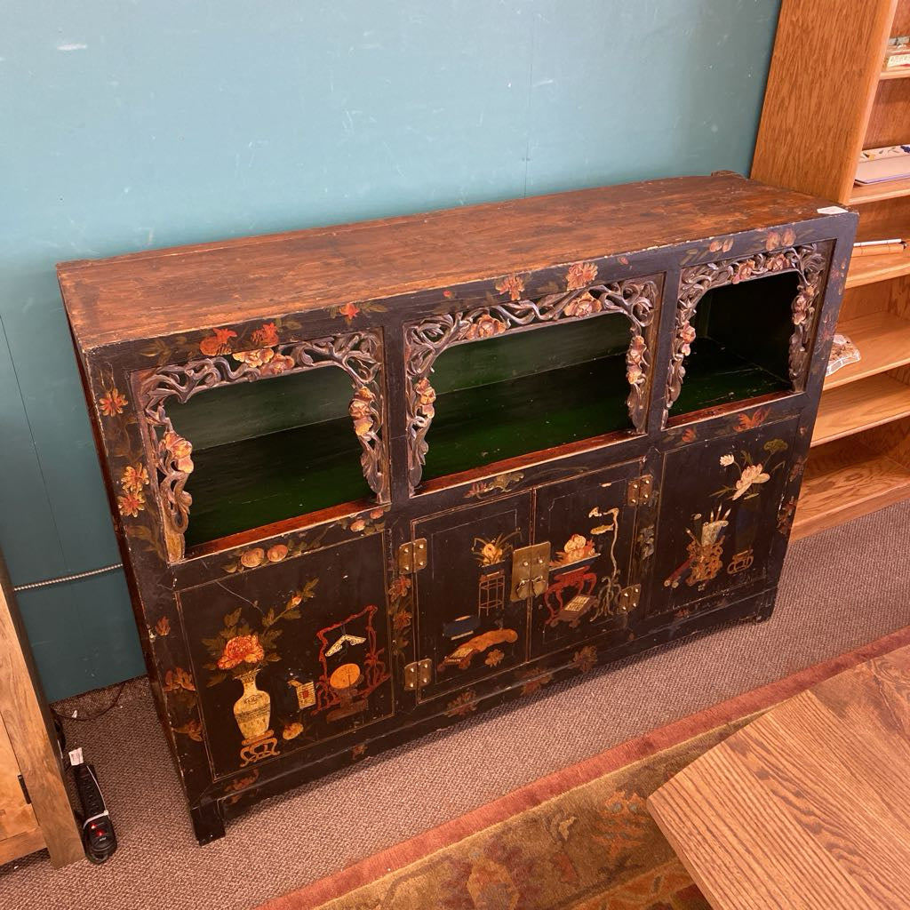 Antique Carved Painted Still Life Motif Asian Style Cabinet