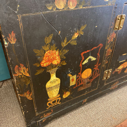 Antique Carved Painted Still Life Motif Asian Style Cabinet