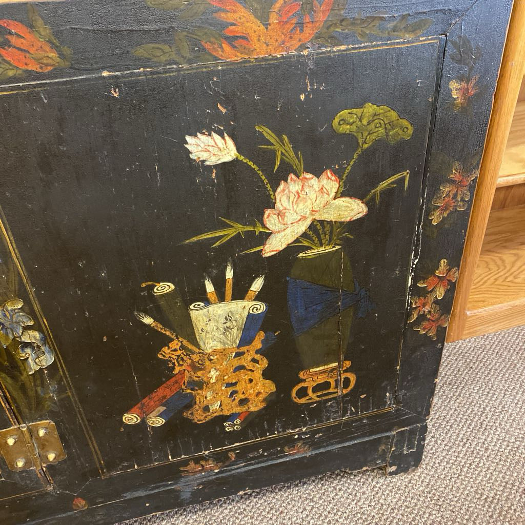Antique Carved Painted Still Life Motif Asian Style Cabinet