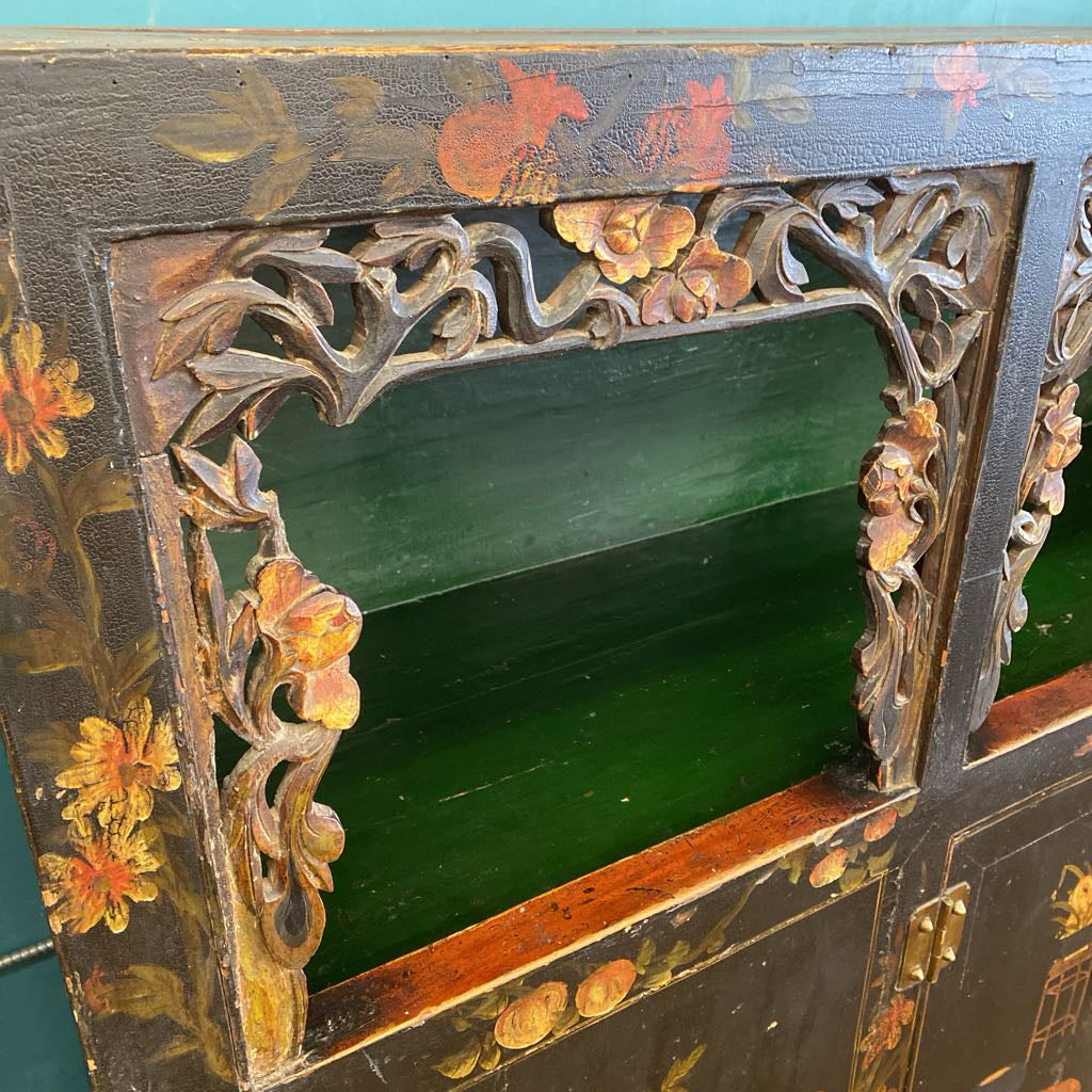 Antique Carved Painted Still Life Motif Asian Style Cabinet