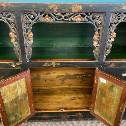 Antique Carved Painted Still Life Motif Asian Style Cabinet