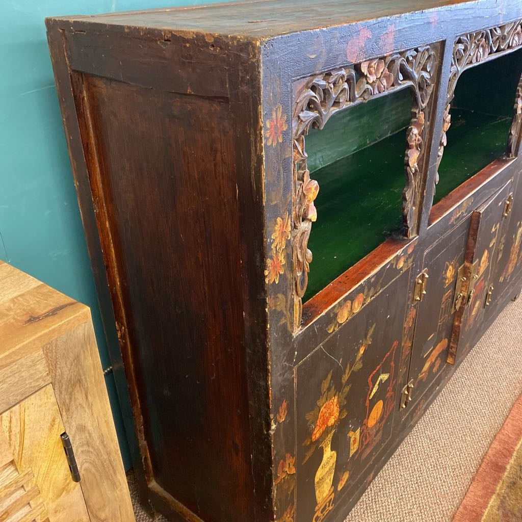 Antique Carved Painted Still Life Motif Asian Style Cabinet