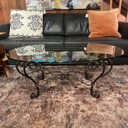 Scroll Wrought Iron Base Glass Ovall Coffee Table