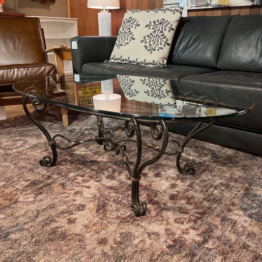 Scroll Wrought Iron Base Glass Ovall Coffee Table