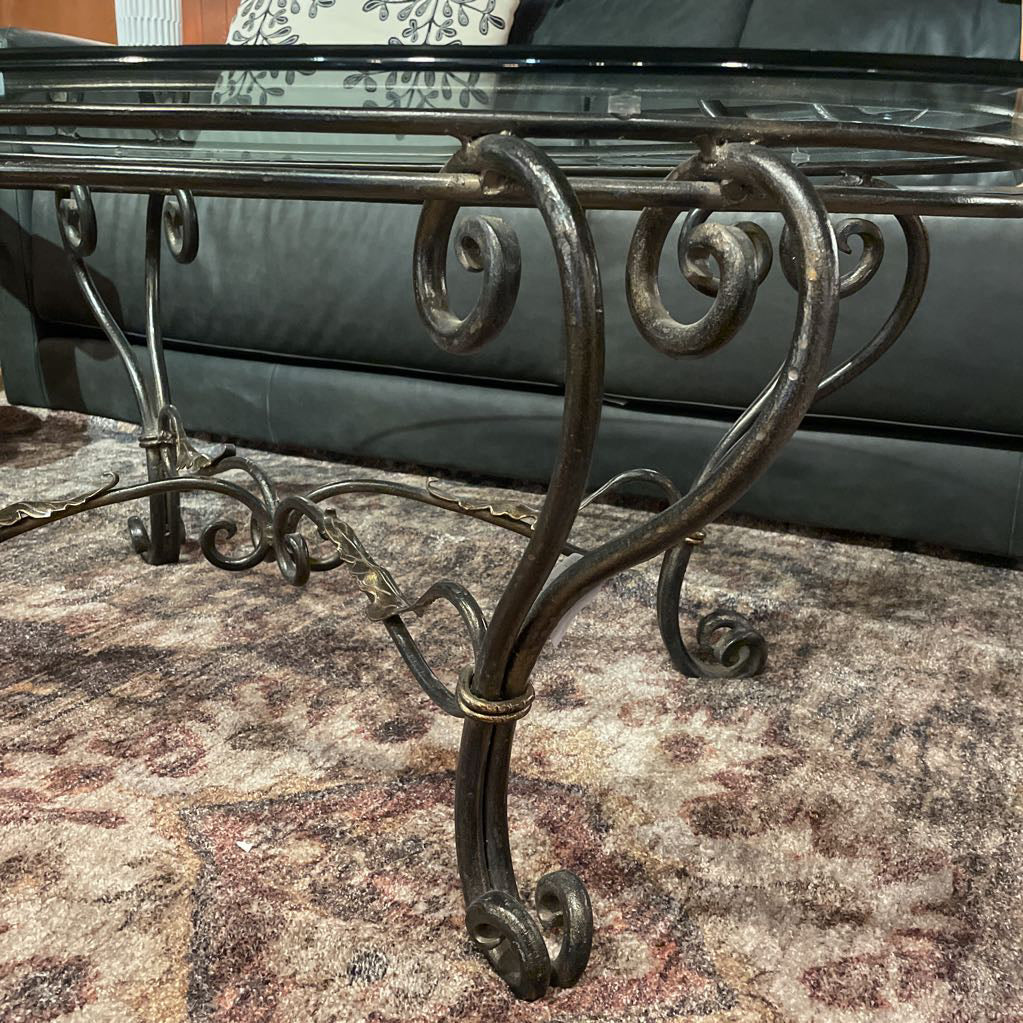 Scroll Wrought Iron Base Glass Ovall Coffee Table