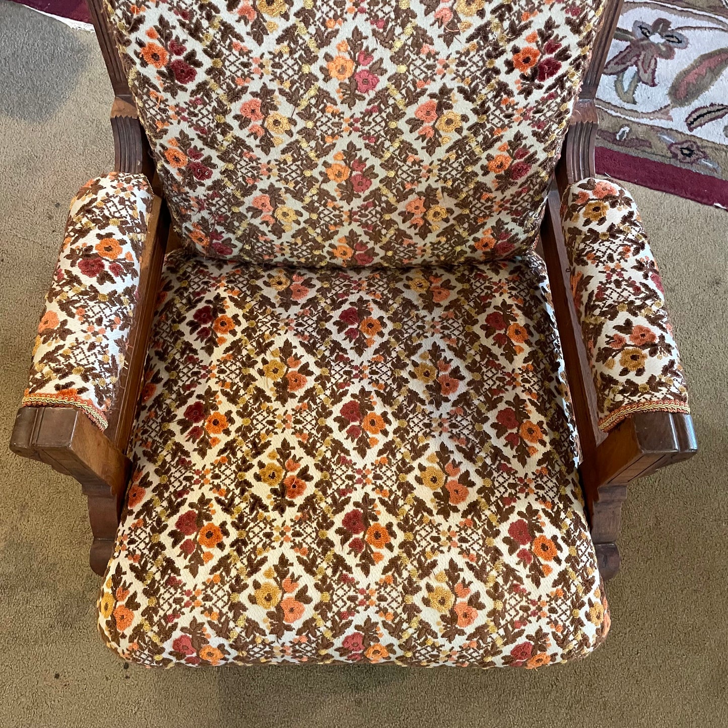Eastlake Victorian Rocker with Brown, Yellow & Orange Florals U ACCENT CHAIRS