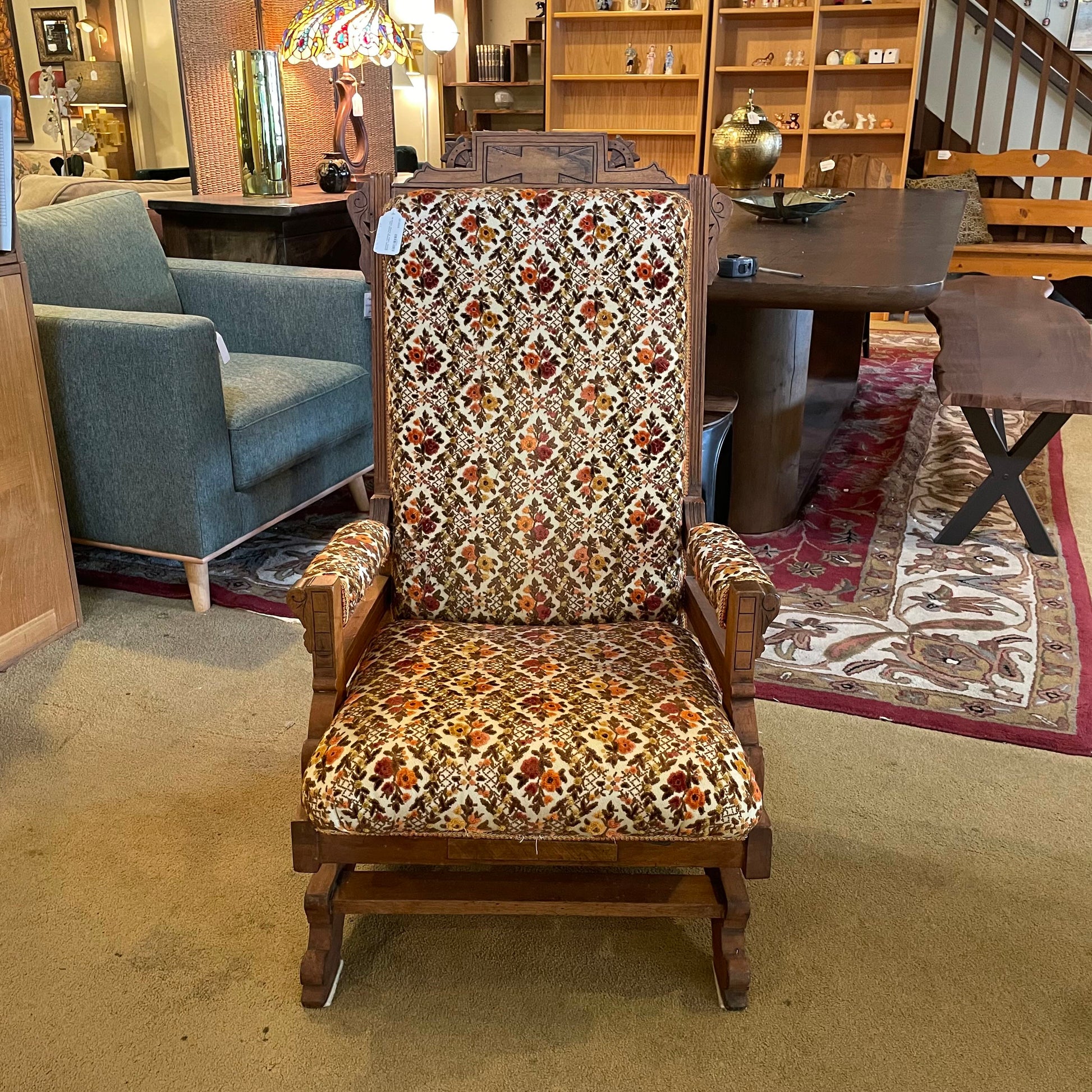 Eastlake Victorian Rocker with Brown, Yellow & Orange Florals U ACCENT CHAIRS