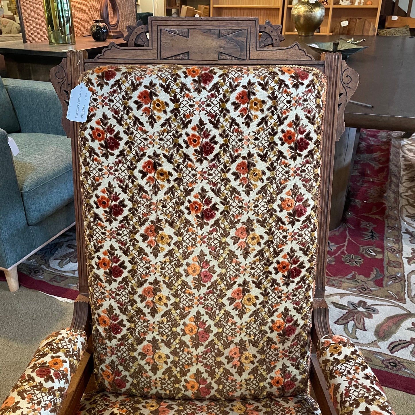 Eastlake Victorian Rocker with Brown, Yellow & Orange Florals U ACCENT CHAIRS