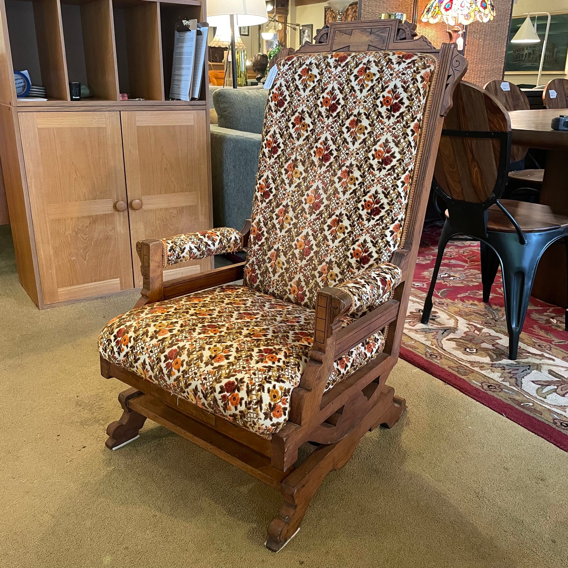 Eastlake Victorian Rocker with Brown, Yellow & Orange Florals U ACCENT CHAIRS