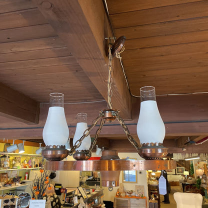 Vintage Wagon Wheel Hanging Light with White Glass Shades