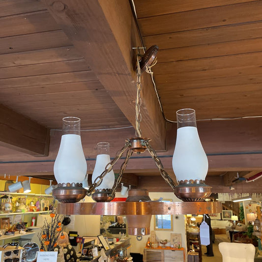 Vintage Wagon Wheel Hanging Light with White Glass Shades LAMPS