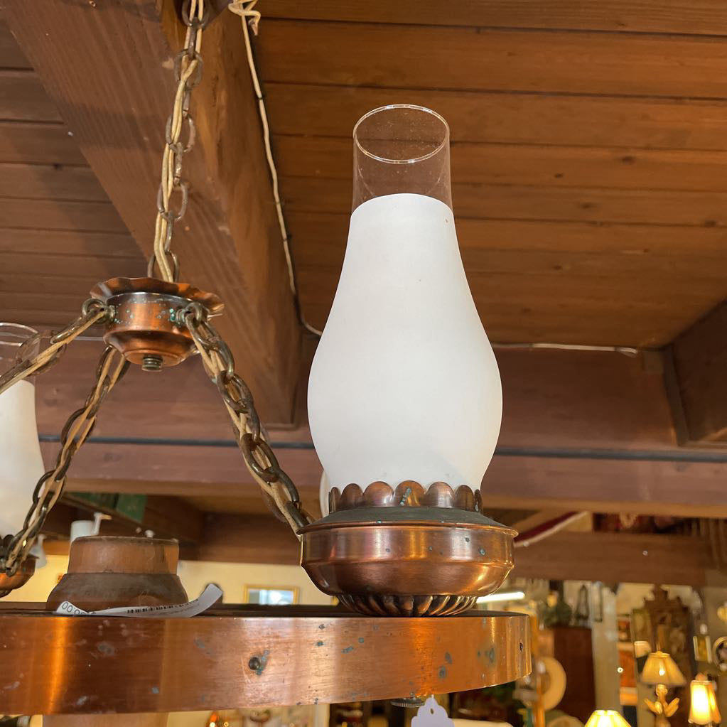 Vintage Wagon Wheel Hanging Light with White Glass Shades