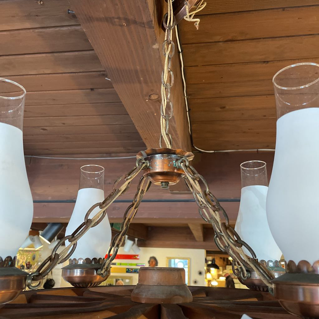 Vintage Wagon Wheel Hanging Light with White Glass Shades