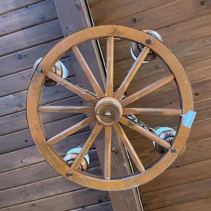 Vintage Wagon Wheel Hanging Light with White Glass Shades