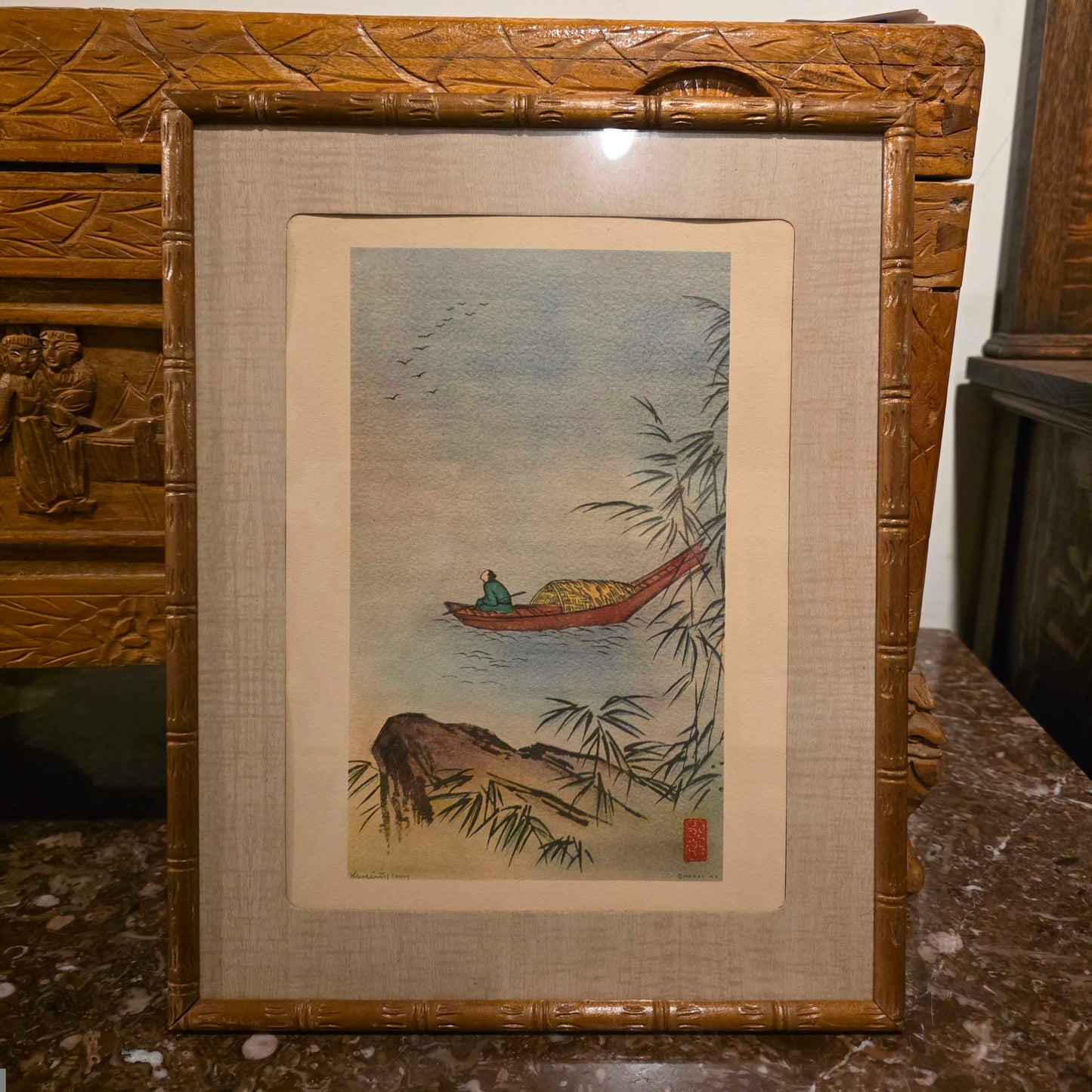 Faux Bamboo Frame Boatman on Water Framed Asian Art