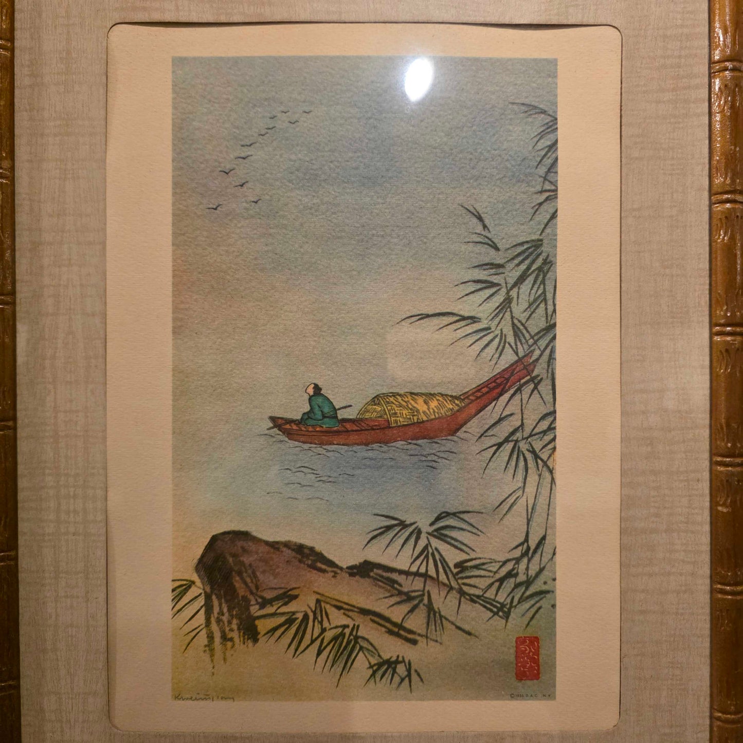 Faux Bamboo Frame Boatman on Water Framed Asian Art