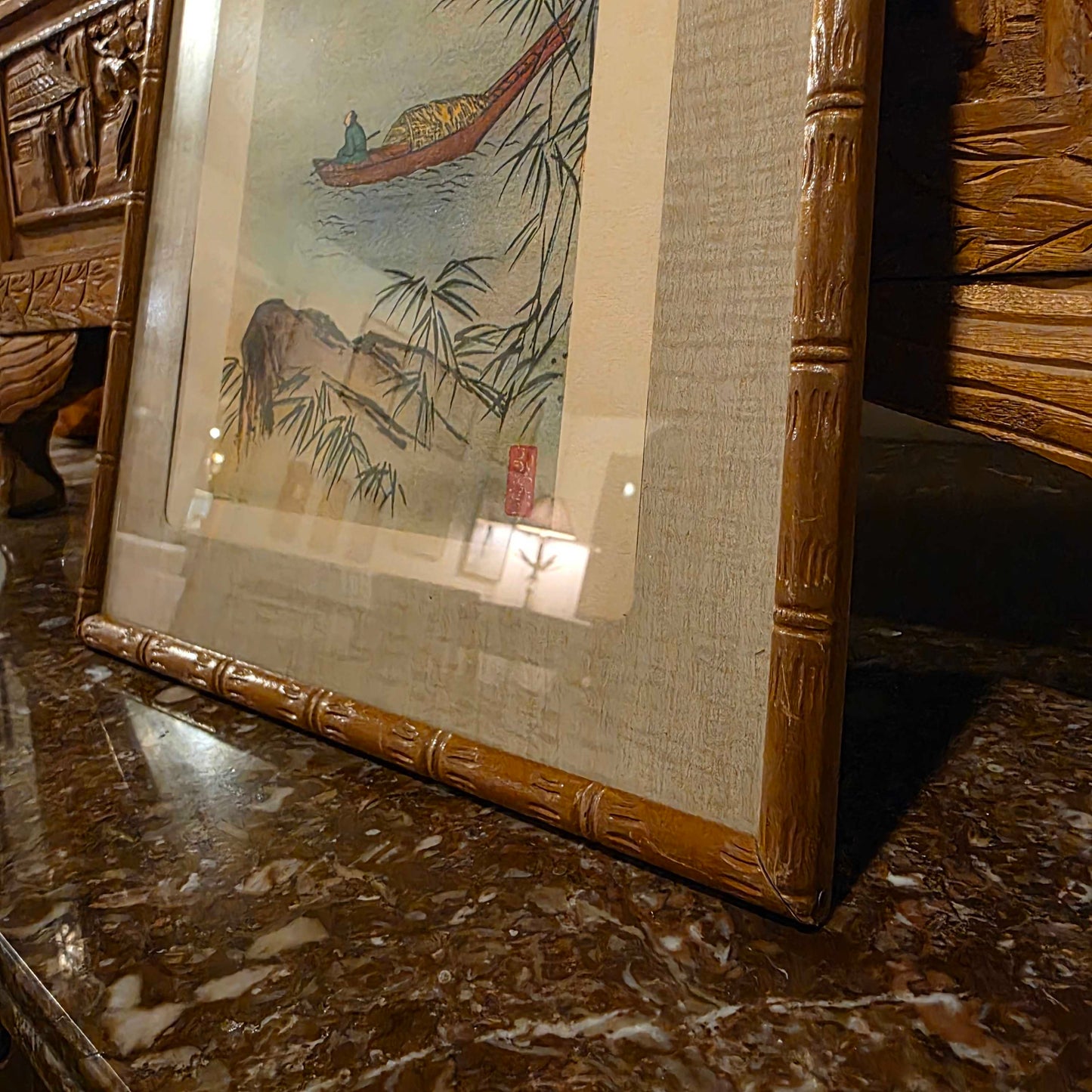 Faux Bamboo Frame Boatman on Water Framed Asian Art
