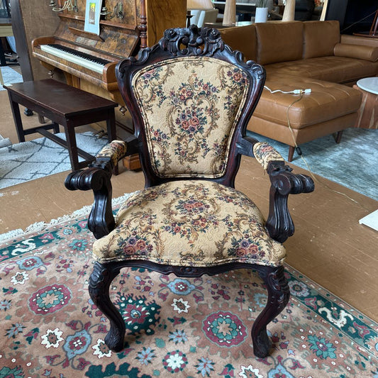 Floral Traditional Dark Wood Arm Chair