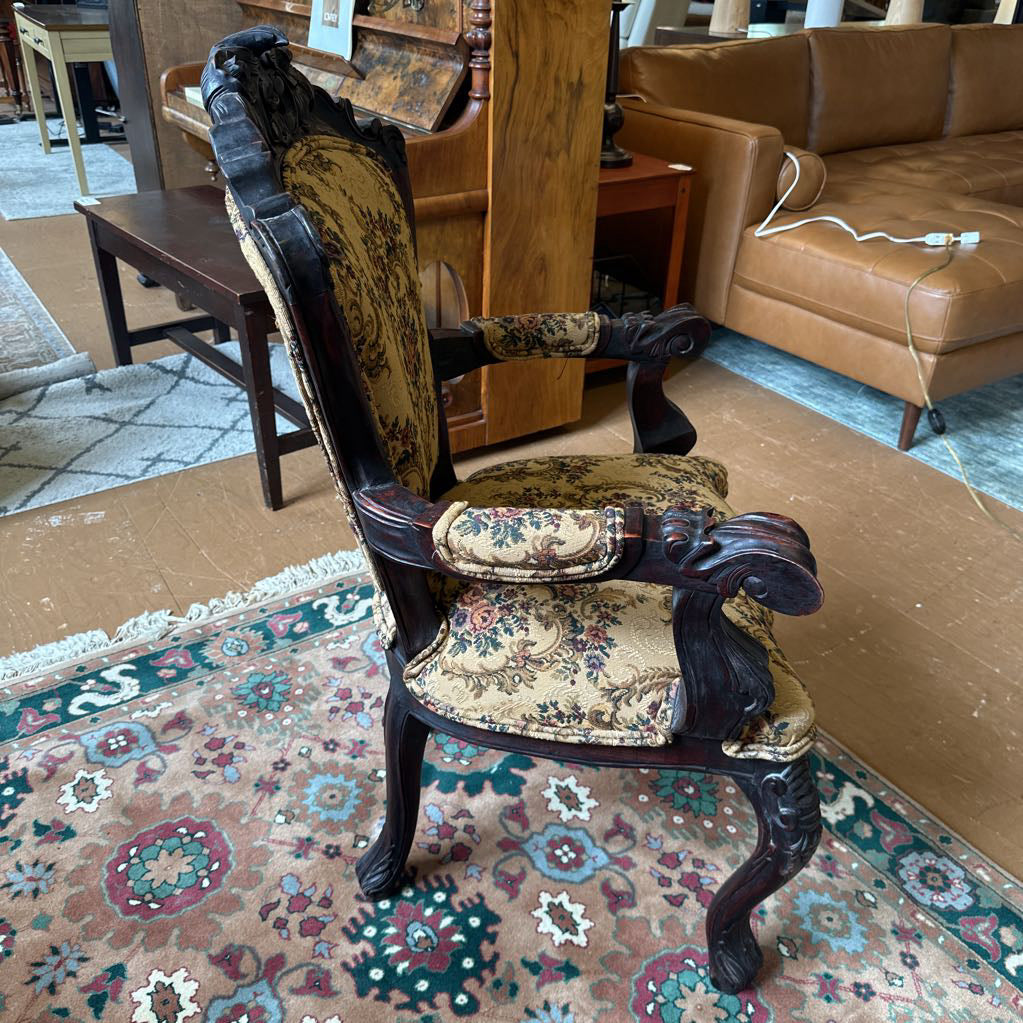 Floral Traditional Dark Wood Arm Chair