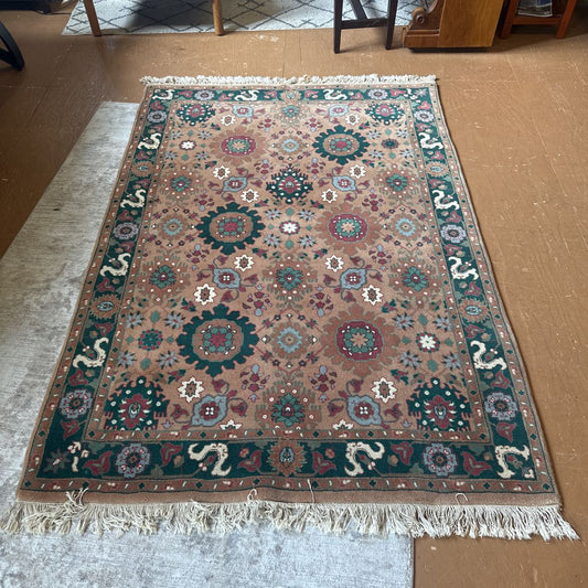 Green and Tan Traditional Wool Rug RUGS