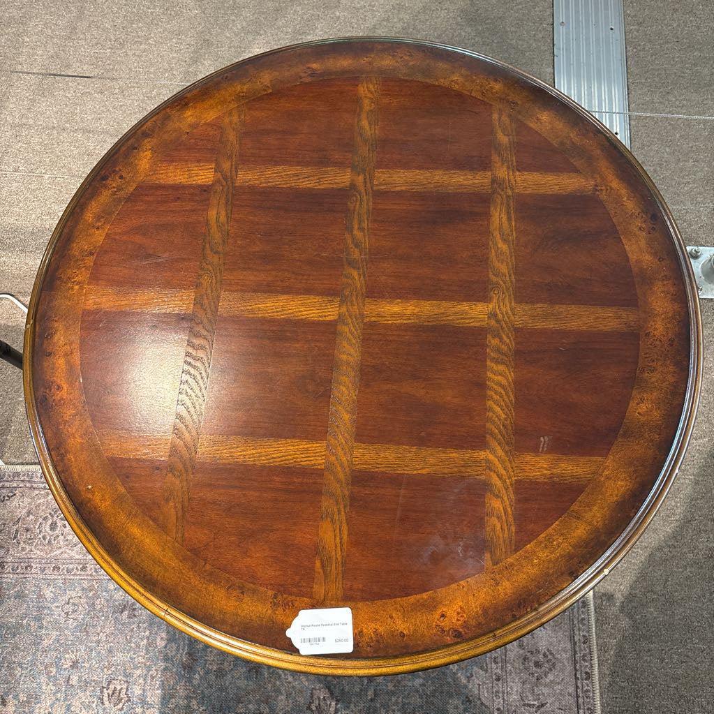 Walnut Round Pedestal End Table
