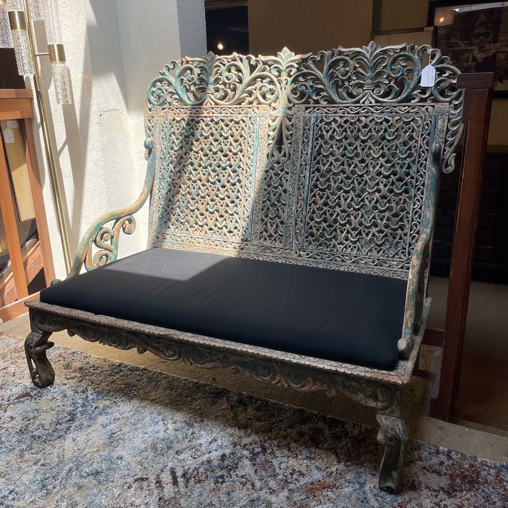 Ornate Carved Deep Seat Blue Wooden Bench