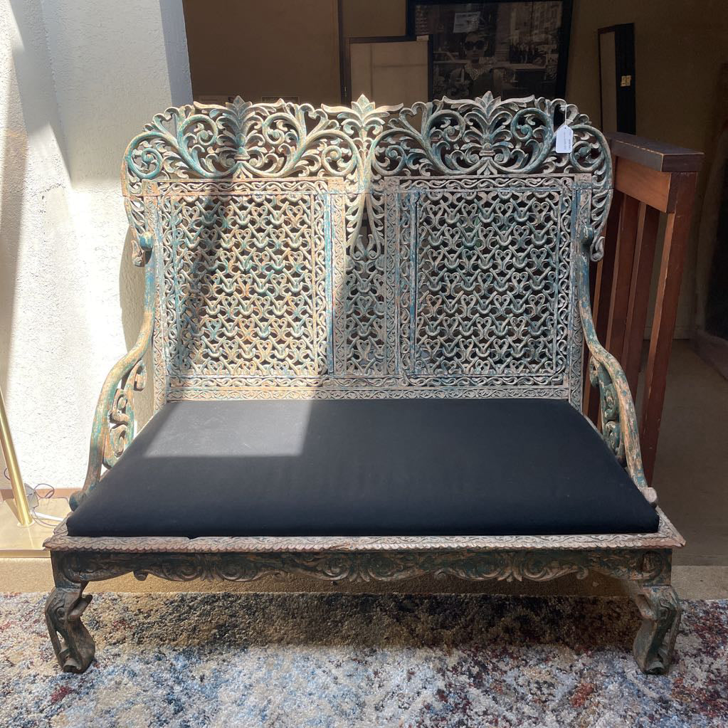 Ornate Carved Deep Seat Blue Wooden Bench