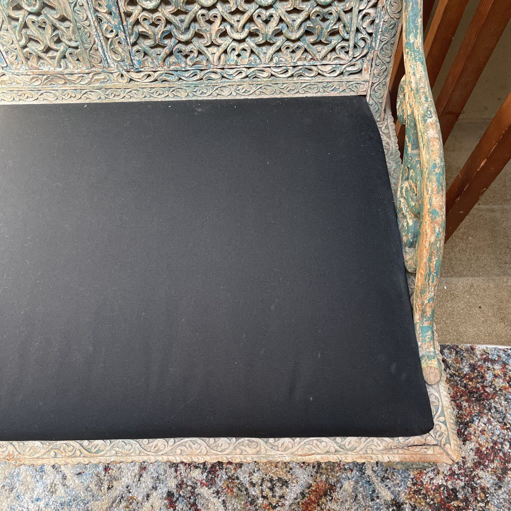 Ornate Carved Deep Seat Blue Wooden Bench