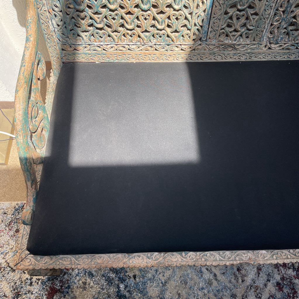 Ornate Carved Deep Seat Blue Wooden Bench