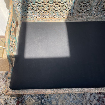 Ornate Carved Deep Seat Blue Wooden Bench