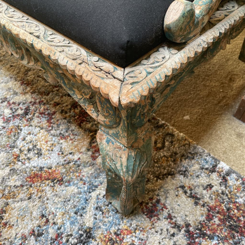 Ornate Carved Deep Seat Blue Wooden Bench