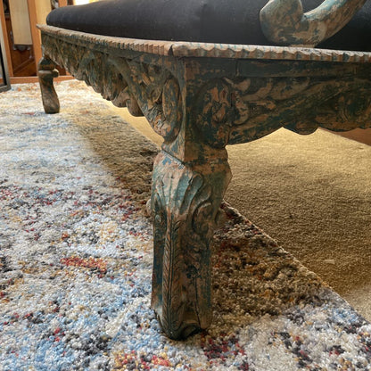 Ornate Carved Deep Seat Blue Wooden Bench