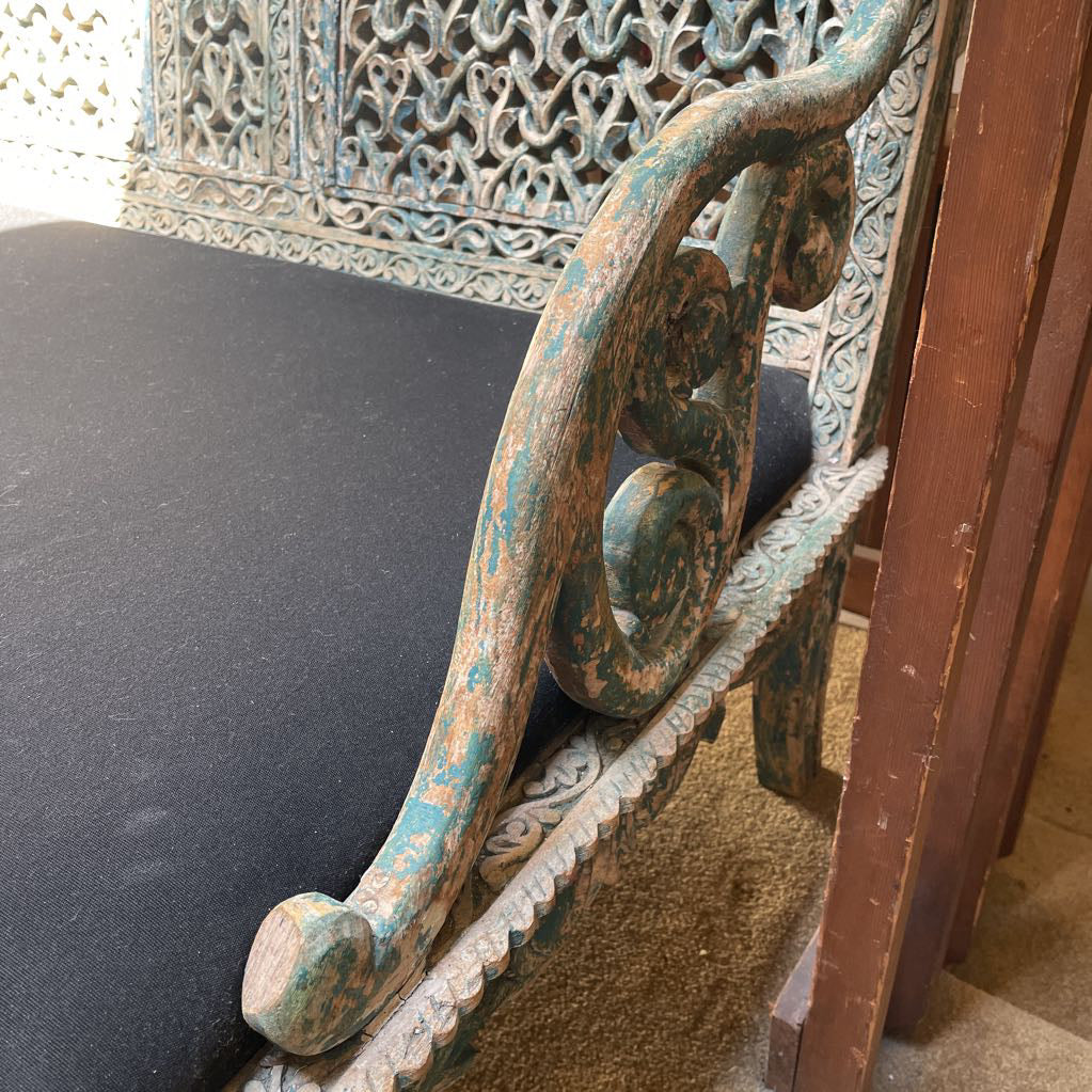 Ornate Carved Deep Seat Blue Wooden Bench
