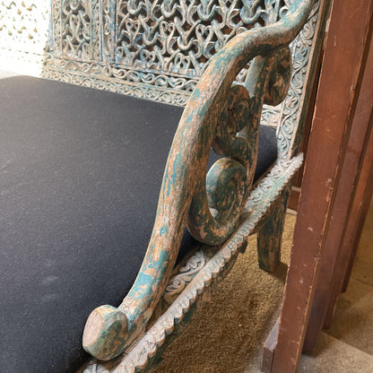 Ornate Carved Deep Seat Blue Wooden Bench