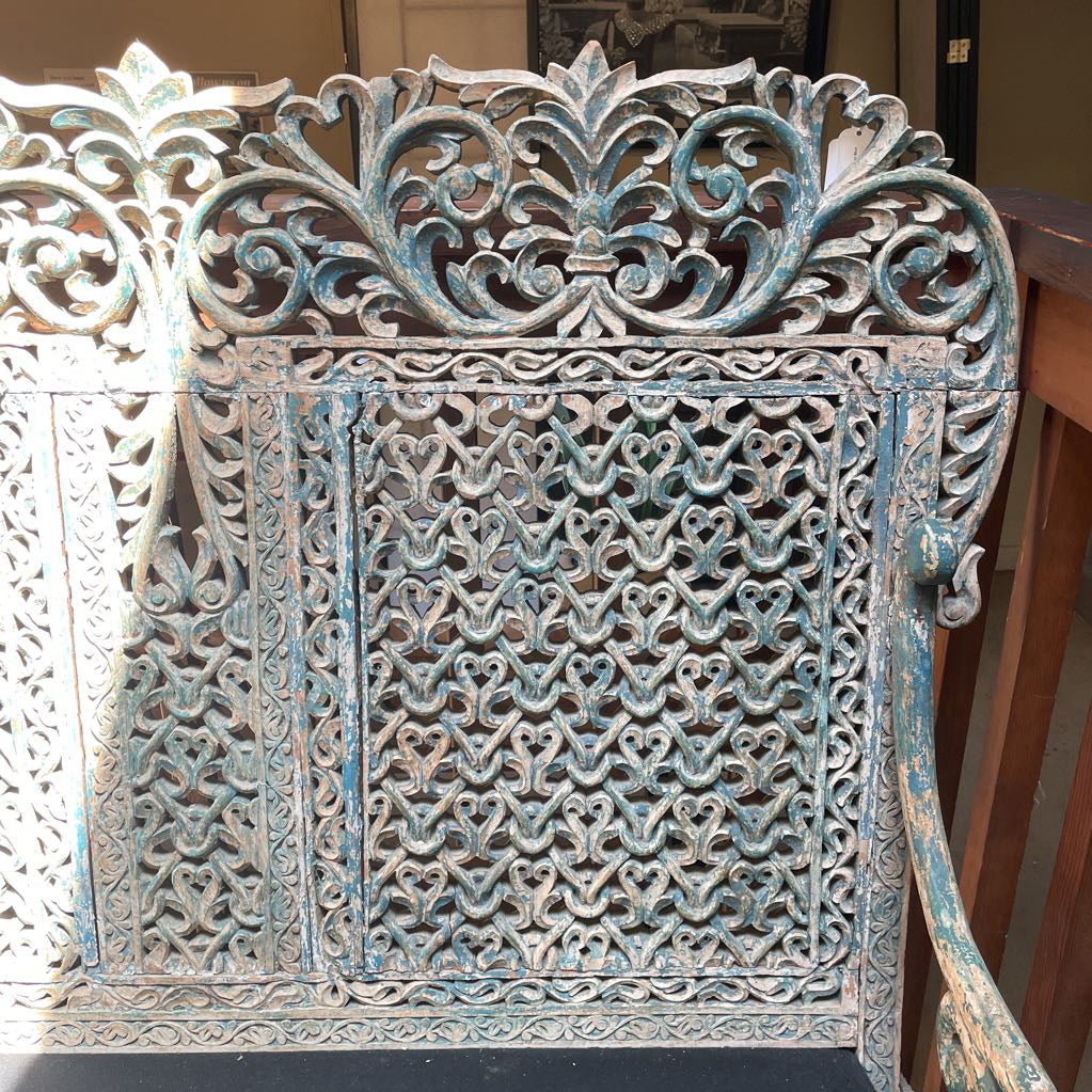 Ornate Carved Deep Seat Blue Wooden Bench