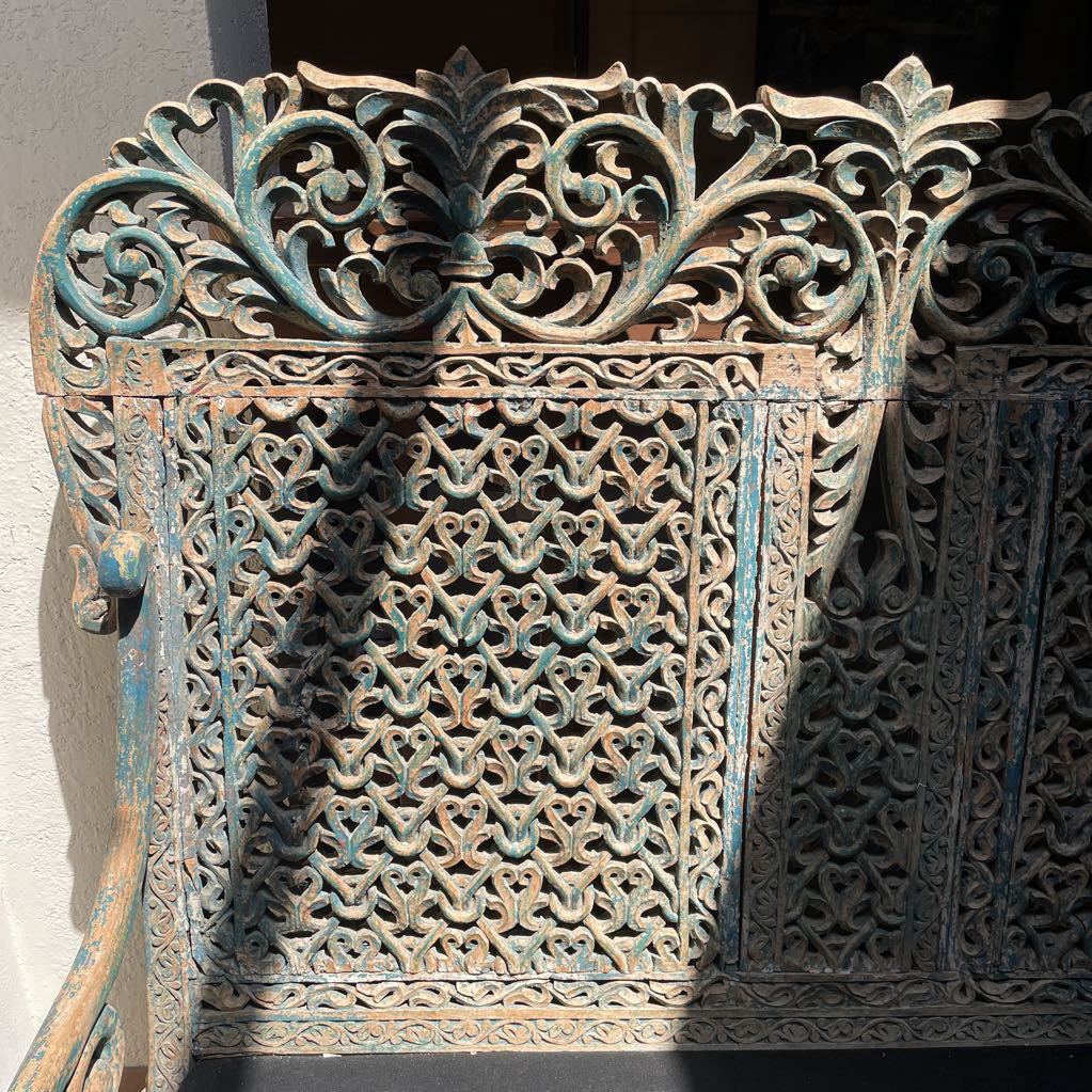Ornate Carved Deep Seat Blue Wooden Bench