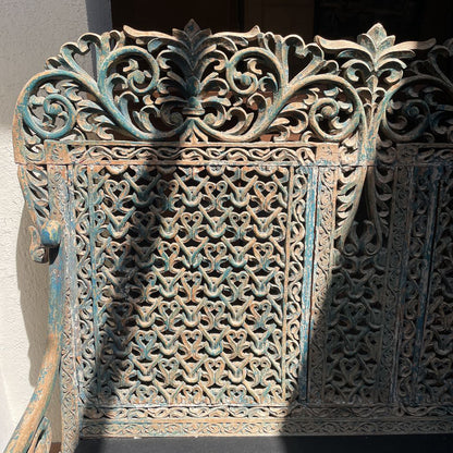 Ornate Carved Deep Seat Blue Wooden Bench