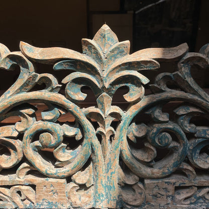Ornate Carved Deep Seat Blue Wooden Bench