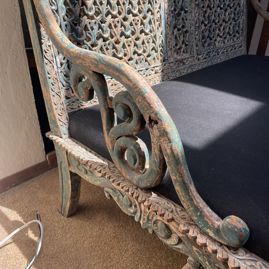 Ornate Carved Deep Seat Blue Wooden Bench
