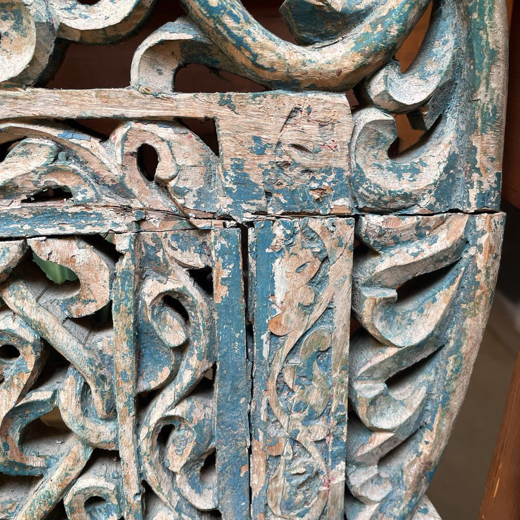 Ornate Carved Deep Seat Blue Wooden Bench