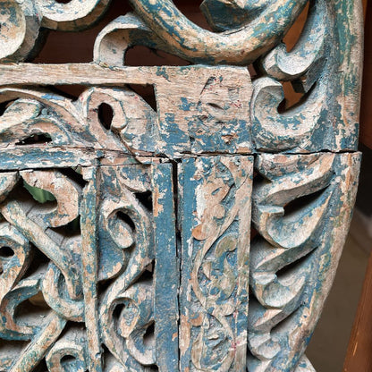 Ornate Carved Deep Seat Blue Wooden Bench