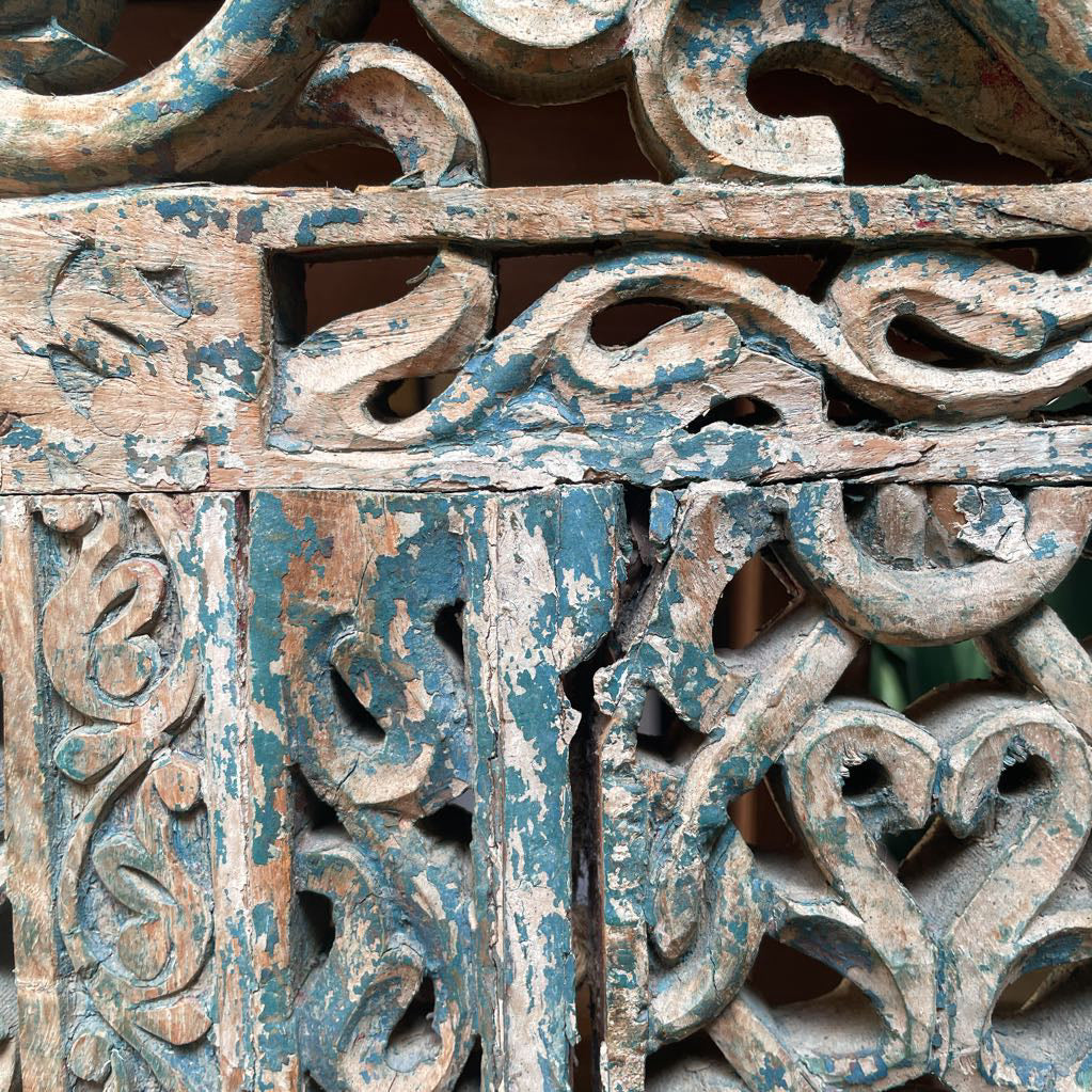 Ornate Carved Deep Seat Blue Wooden Bench